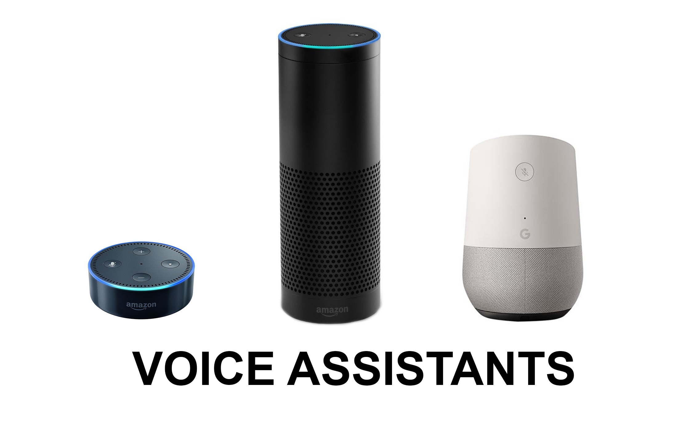  Smart home devices with voice assistants, including the Amazon Echo, Amazon Echo Dot, and Google Home.